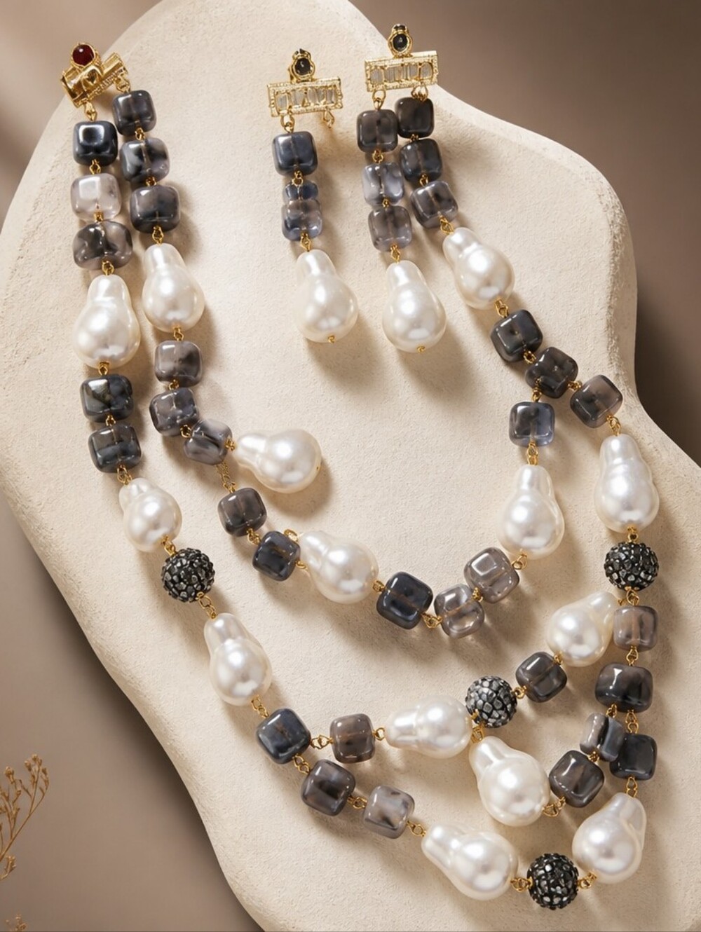 Gold Pearl and Gray Bead Statement Necklace and Earring Set